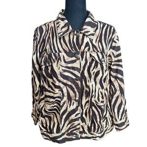 Lucy & Laurel Jacket Women 2x Brown Cream Zebra Button 3/4 Sleeve 100% Linen